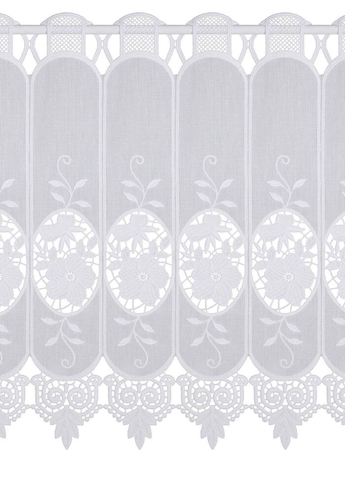 Korte venstervitrage met bloemen en macram&eacute;-kant 