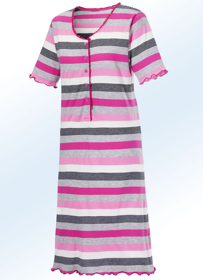 Nachthemd met knoopsluiting en met garen geverfd streepjesmotief GRIJS-FUCHSIA