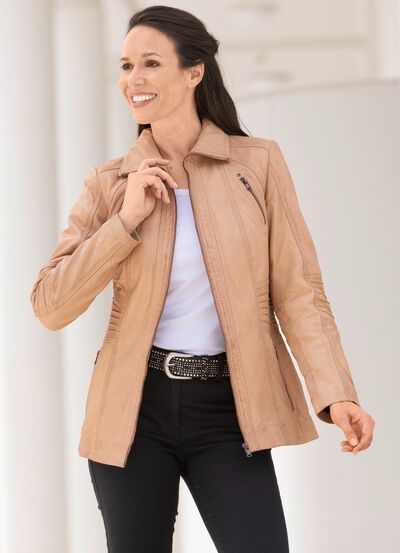 Kort leren jasje met opstaande kraag 