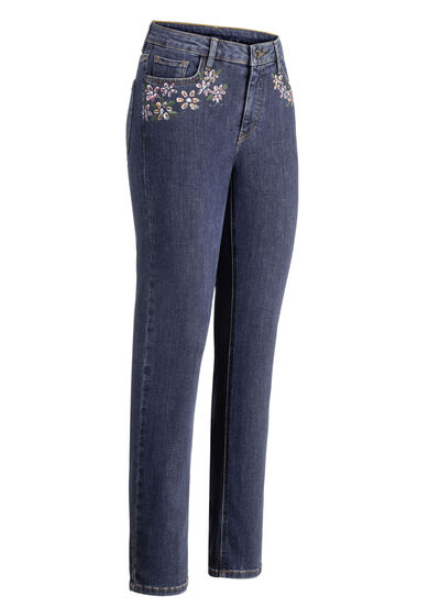 Jeans met handgeschilderde bloemmotieven 