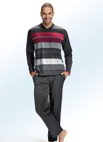 Hajo ademende comfort pyjama met V-hals en in het garen geverfd streepdesign ZWART-MEERKLEURIG