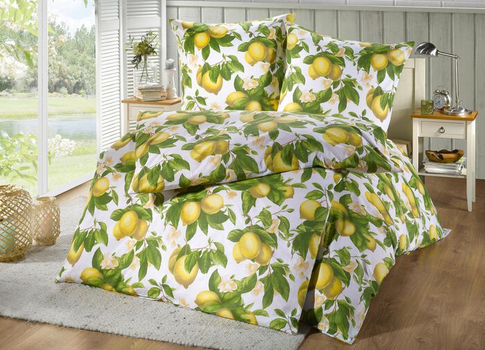 Beddengoedset aan beide zijden bedrukt met een citroendessin GEEL