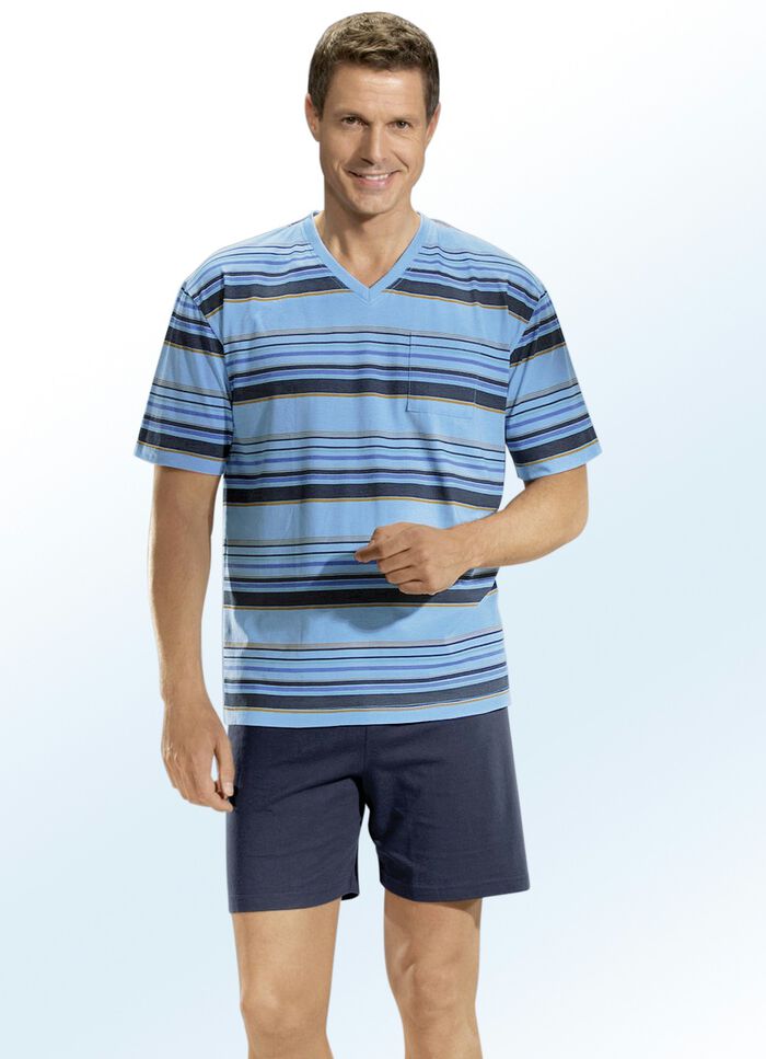 Shortama‘s, pak van twee, met V-hals en borstzakje 1X KIEZEL, 1X AQUA