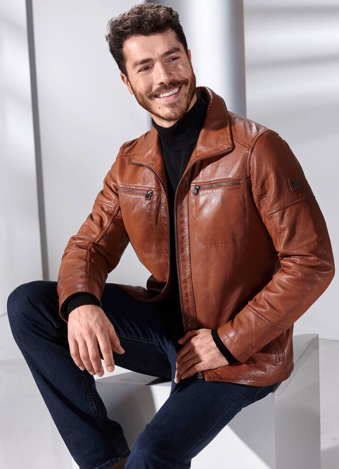 Kort leren jasje met opstaande kraag ANTIEK COGNAC