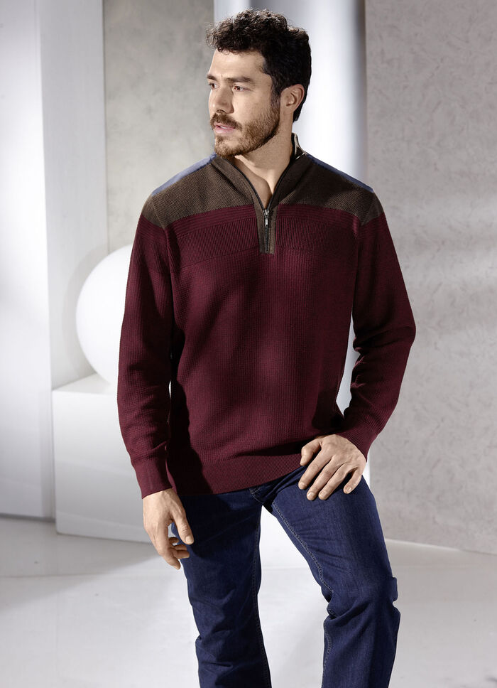 Trui met opstaande kraag en gemengde textuur WIJNROODBRUIN GEMÊLEERD