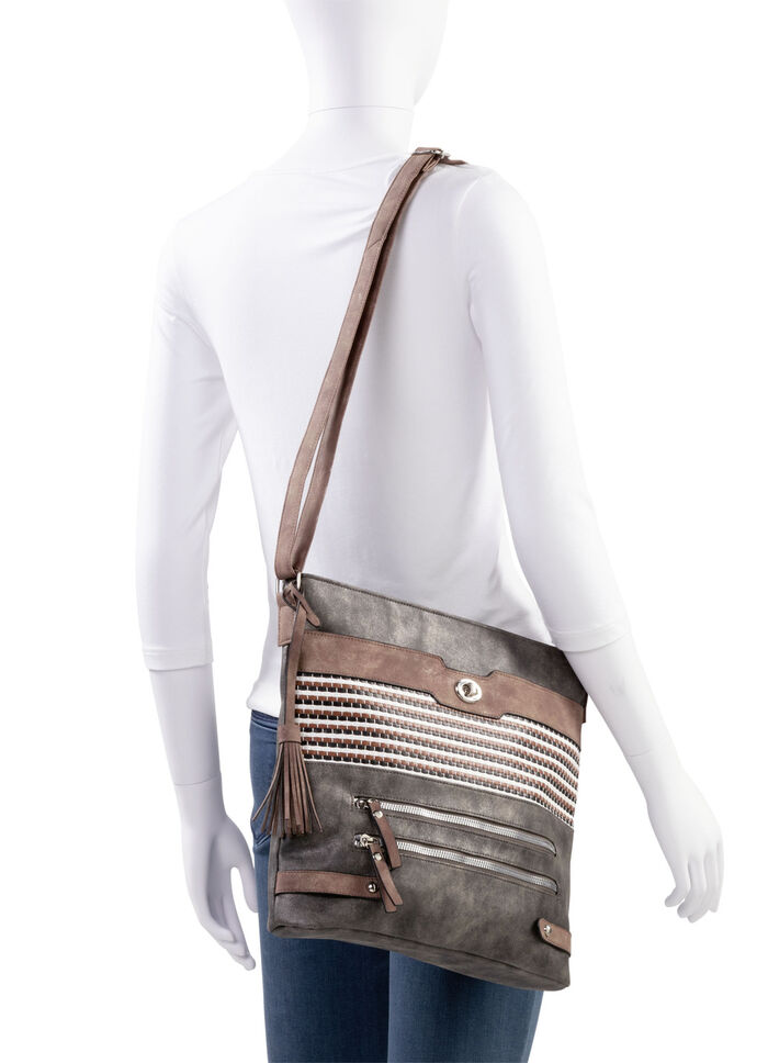 Tas met deels glinsterende gevlochten details GRAU-BRAUN