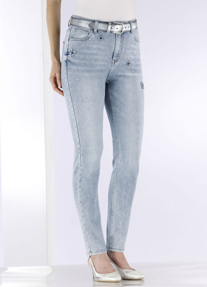 Jeans met strassversiering en glanzende bloemmotieven 