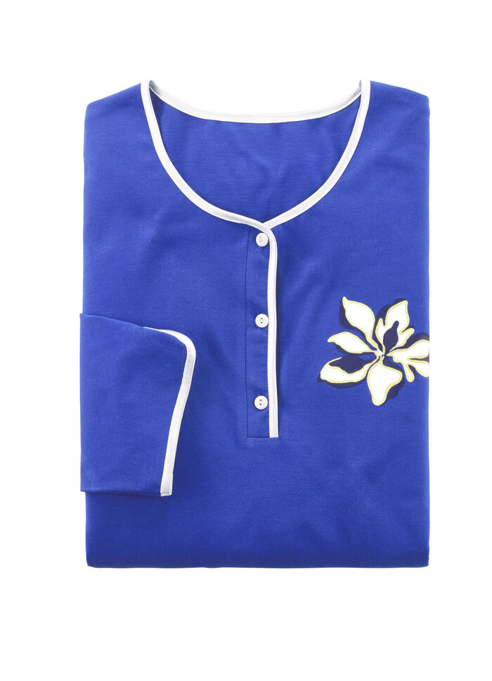 Twee-pack nachthemden, effen en all-over dessin met knoopsluiting 1X ROYALBLAU, 1X WEISS-BUNT