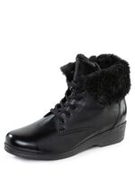 ELENA EDEN enkellaarzen met veters en omslagkraag van lamsleer ZWART