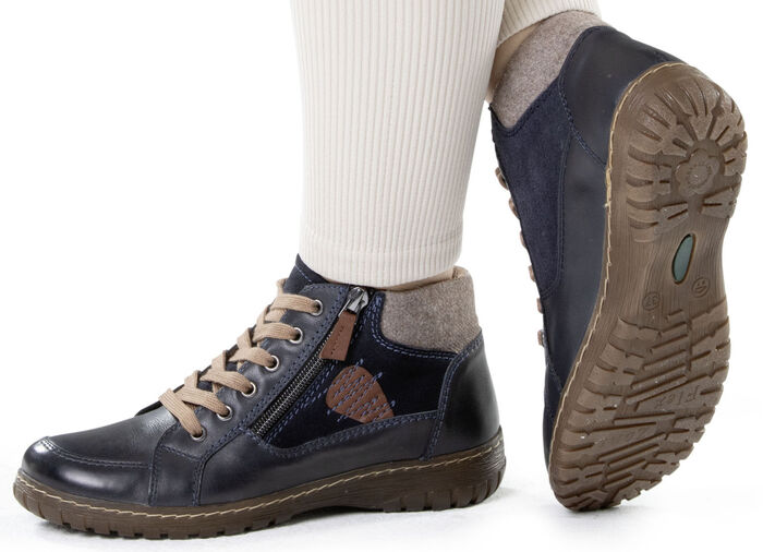ELENA EDEN veterbootie gemaakt van een mix van leer en materialen DUNKELBLAU-BRAUN