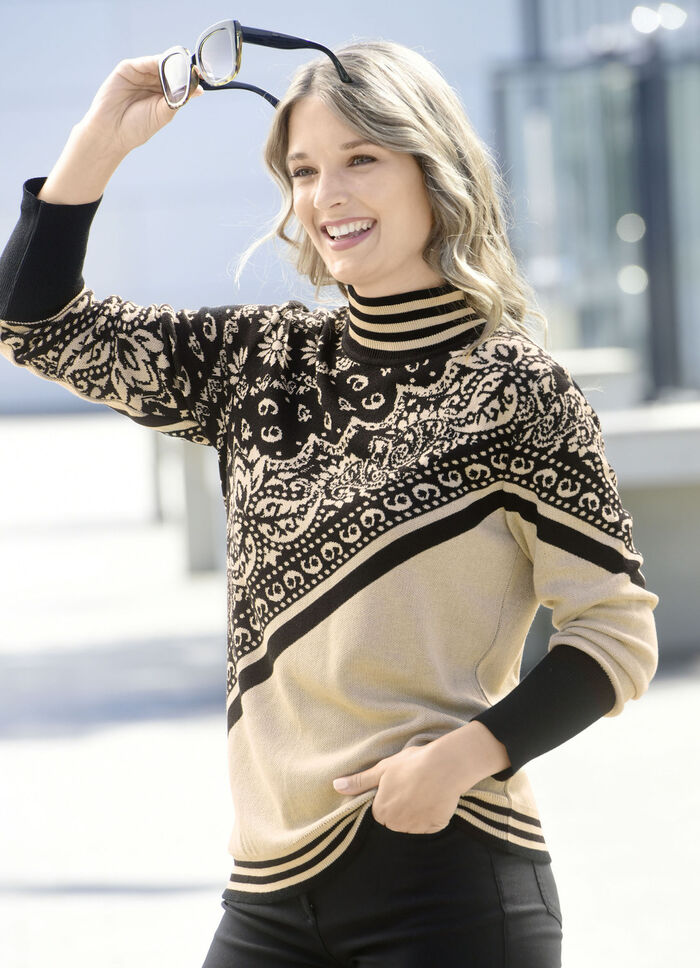 Trui in jacquardmotief BEIGE-SCHWARZ