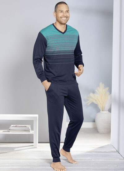 Hajo ademende comfort pyjama met V-hals en in het garen geverfd streepdesign 