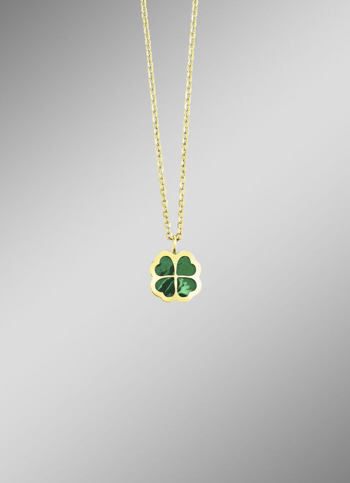 Geluksbrenger – klavertjevier hanger met echte malachiet 