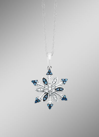 Sneeuwvlokhanger met witte en blauwe diamanten 