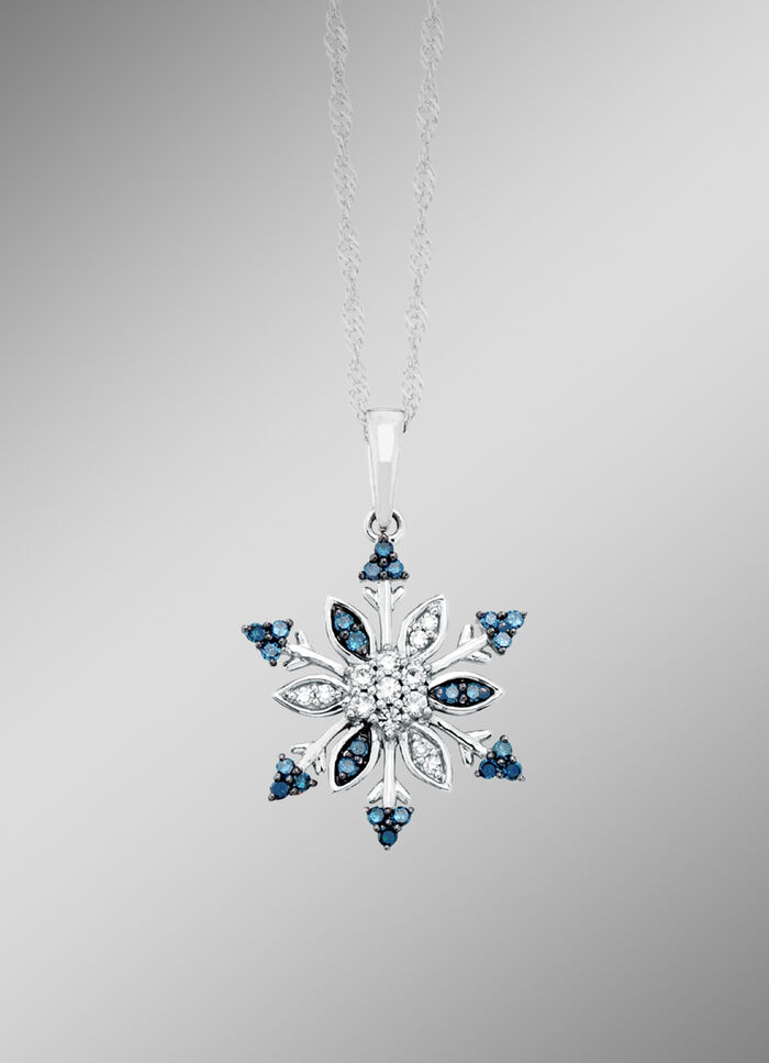 Sneeuwvlokhanger met witte en blauwe diamanten 