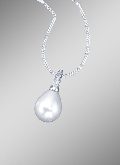 Hanger met ketting en grote schelppareldruppel 