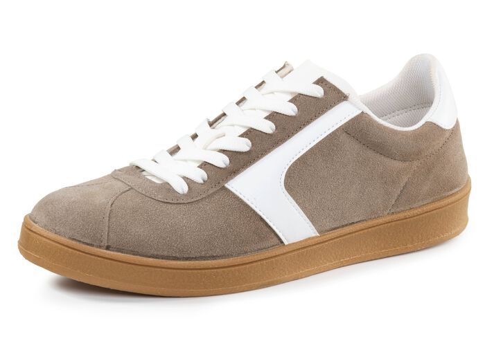Sneakers van su&egrave;deleer met nappagarnituur en gevoerde schachtrand TAUPE