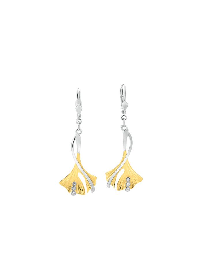 Ginkgo-blad oorbellen in twee kleuren met synthetische zirkonia 