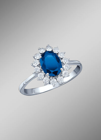 Majestueuze damesring met diamanten en echte saffier 