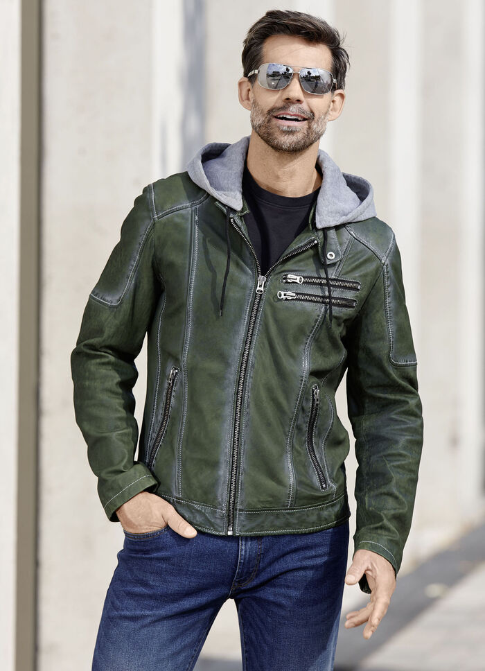 Leren kort jasje met capuchon 