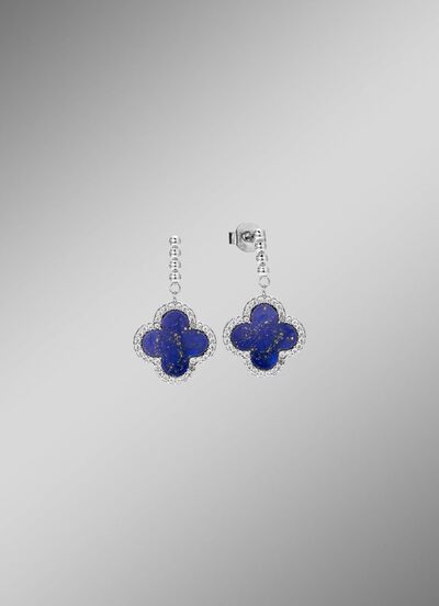Klaverblad oorbellen met echte lapis lazuli en synthetische zirkonia 