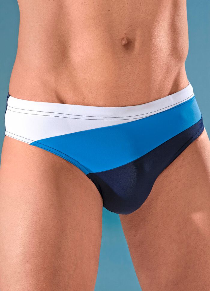 Zwembroek in de vorm van een slip met kleurrijke inzetstukken 