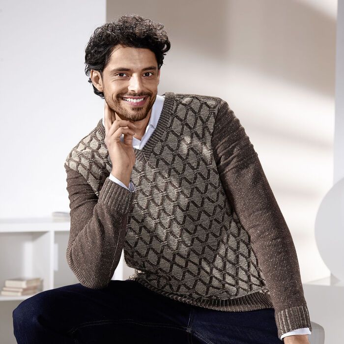 Gevlekte V-hals trui BEIGE-BRUIN MOTIEF
