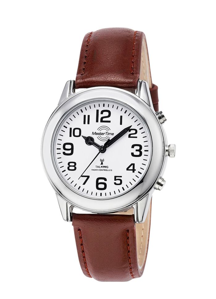 Radiogestuurd herenhorloge met leren band en spreektijdaanduiding 