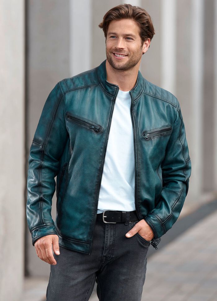 Kort leren jack met decoratieve stiksels 