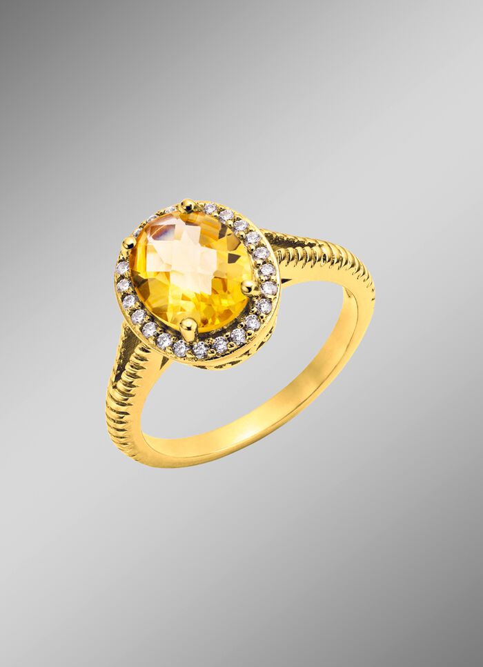 Damesring met echte citrien en synthetische zirkonia 