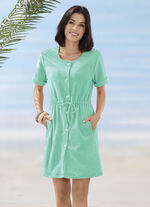 Jurk van badstof met doorlopende knoopsluiting MINT