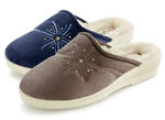 Tweepak warme damespantoffels, breedte H, met wol TAUPE+DONKERBLAUW