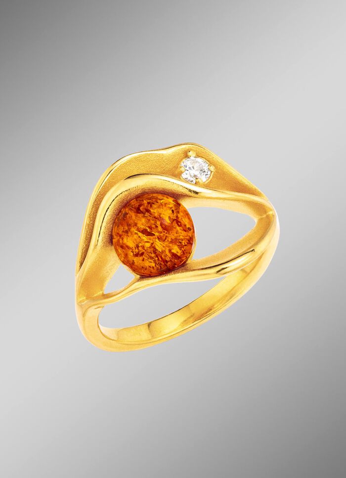 Elegante damesring met echte barnsteen en synthetische zirkonia 