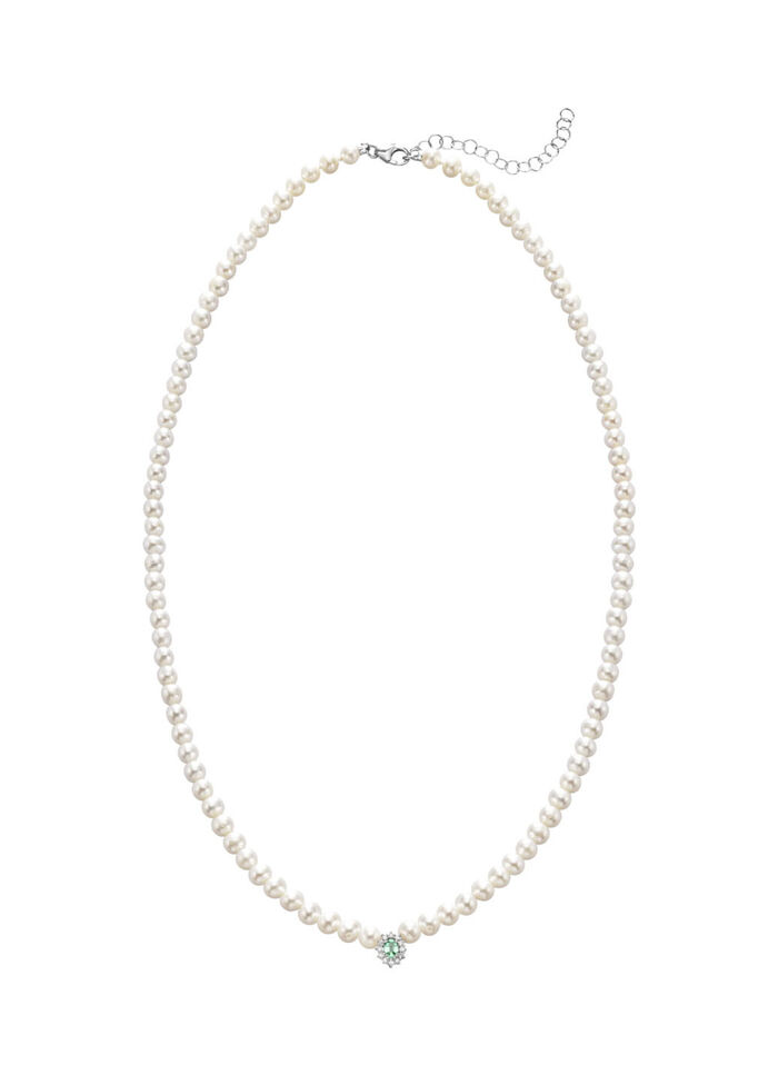 Halsketting met gekweekte zoetwaterparels, echte smaragd en diamanten 
