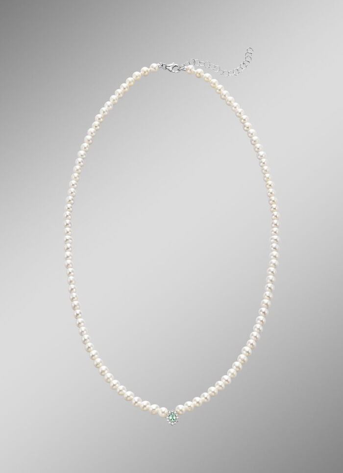 Halsketting met gekweekte zoetwaterparels, echte smaragd en diamanten 