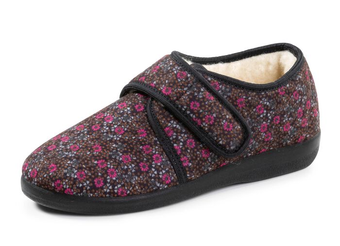 Warme damespantoffels, breedte H, met klittenbandsluiting ZWART-KLEURIG