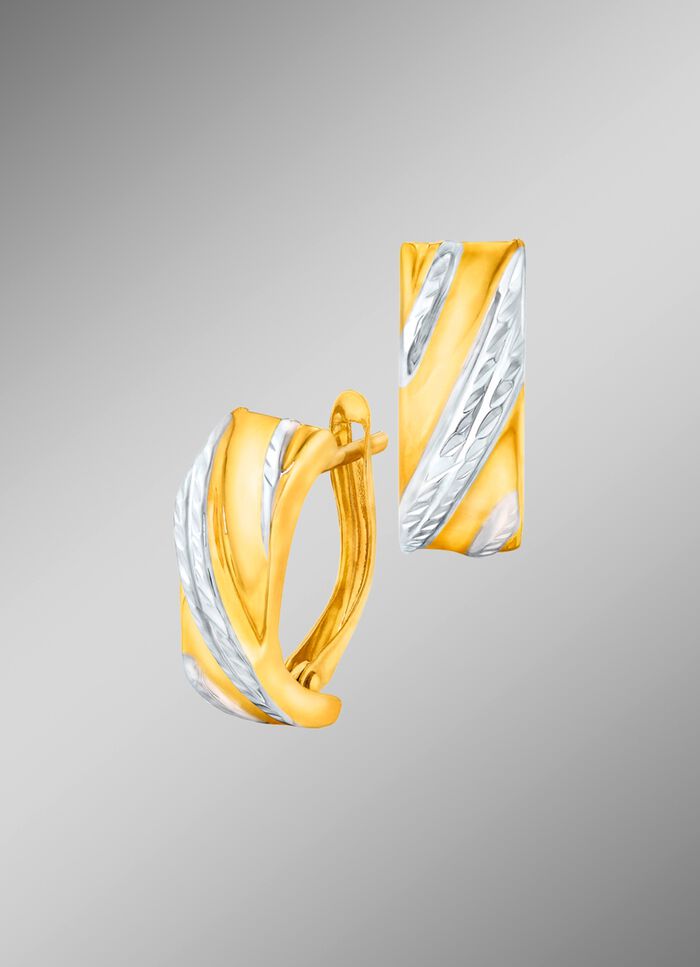 Tweekleurige creoolse klapoorbellen, deels machinaal gegraveerd 