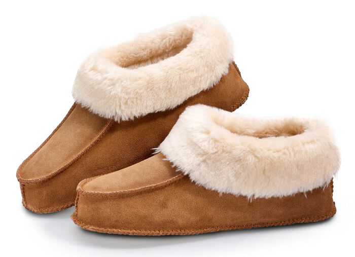 Leren pantoffels met pluizig binnenbont BRUIN