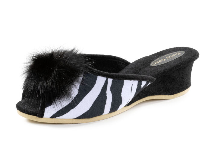 Muiltjes van ELENA EDEN met zwarte pompon van imitatiebont SCHWARZ-WEISS