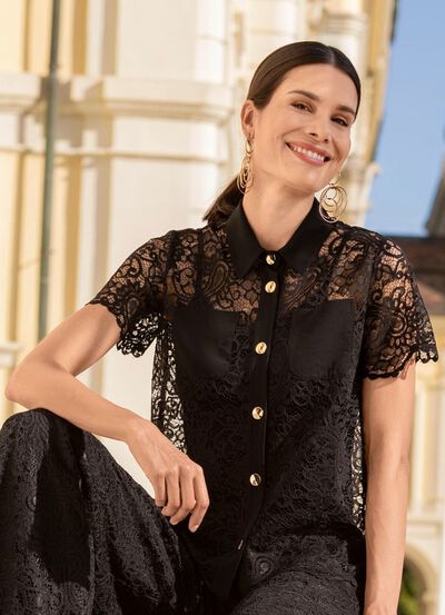 Kanten blouse met overhemdkraag 