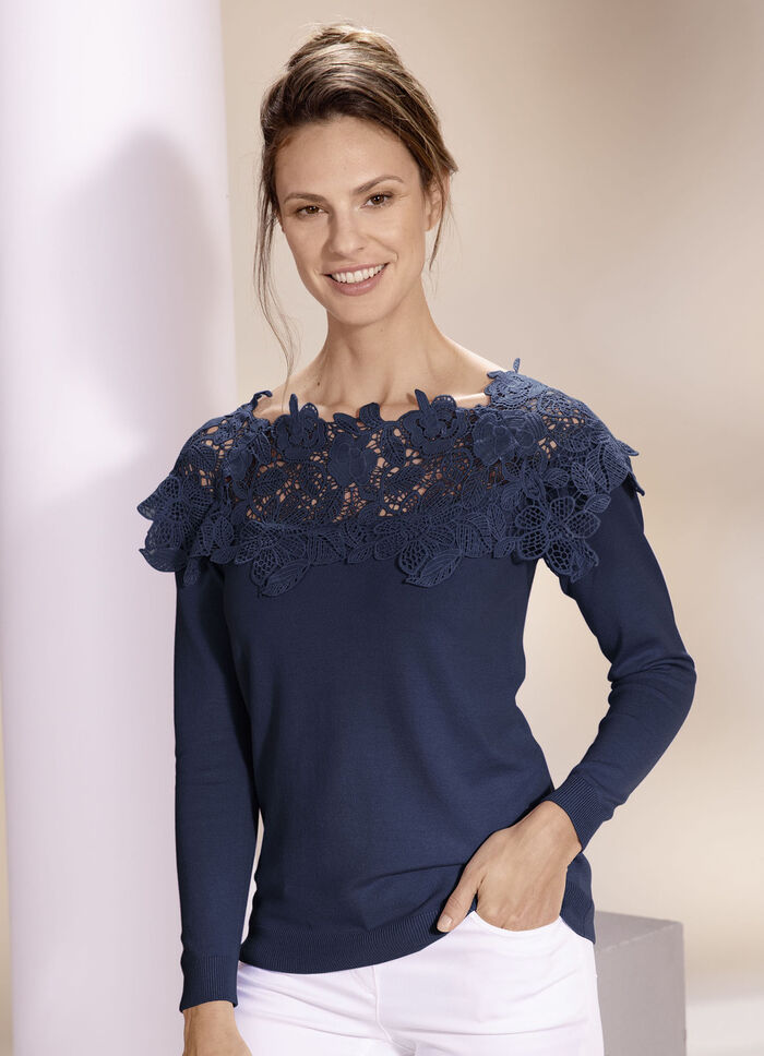 Trui met elegante kanten bies NACHTBLAUW