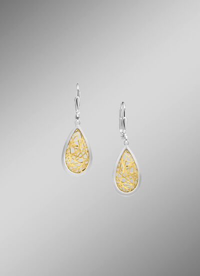 Druppelvormige oorbellen met een artistiek tweekleurig design 