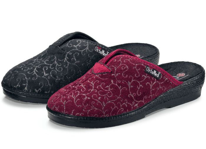 Tweepack klassieke damespantoffels, breedte H, met bedrukt veloursmateriaal 